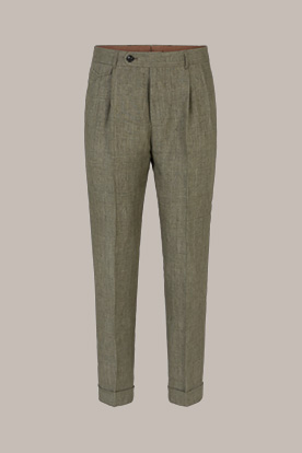 Sapo Linen Modular Trousers with Pleats in Green Patterned