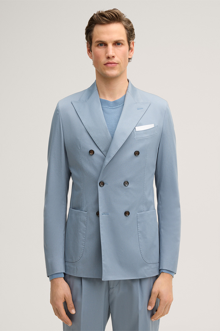 Leads to product detail page "Salerno double-breasted modular suit in light blue cotton blend"