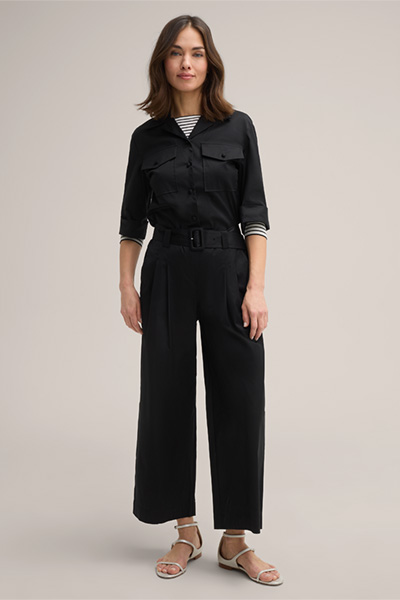 Cropped Cotton Stretch Overalls in Black