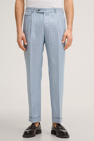 Leinen-Baukasten-Hose Sapo mit Bundfalte in Blau mit Nadelstreifen