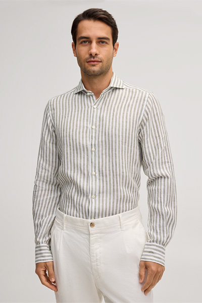 Leinen-Hemd Lano in Oliv-Weiss gestreift