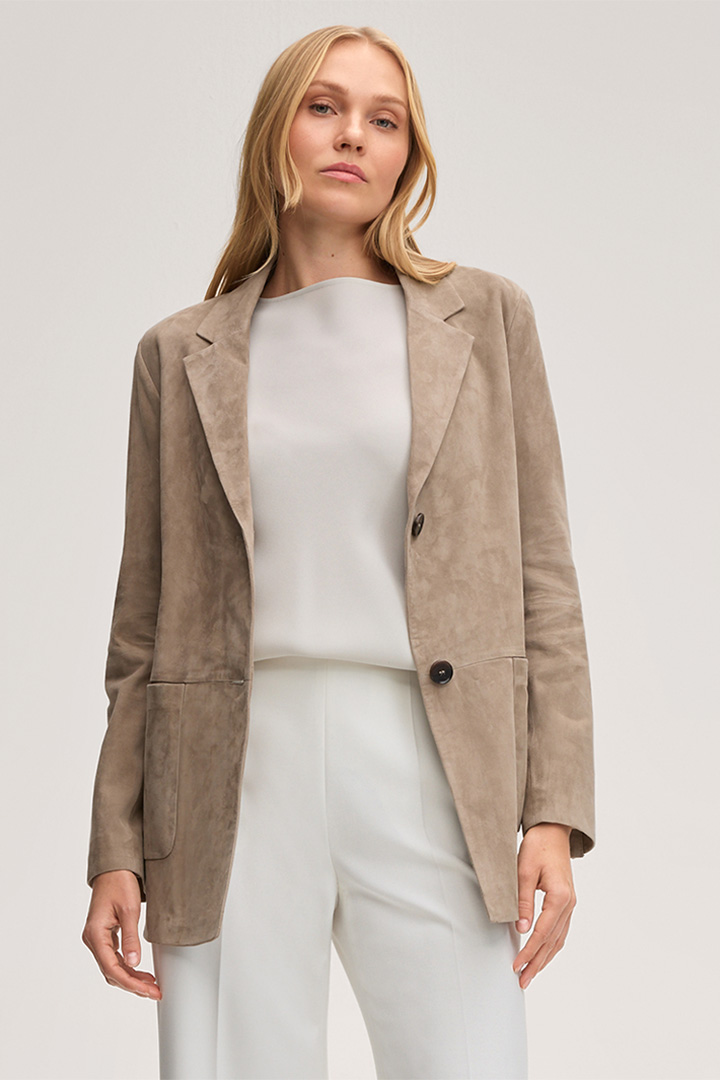 Leads to product detail page "Lambskin Suede Blazer in Taupe"