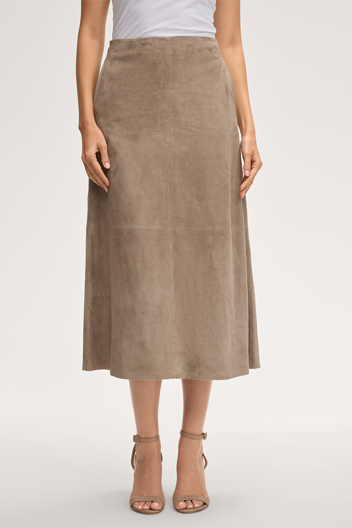 Führt zu Produktdetailseite „Lammvelours-Leder-Rock in Midi-Länge in Taupe"