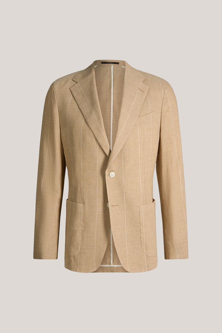 Führt zu Produktdetailseite „Schurwollmix-Baukasten-Sakko Giorno mit Leinen in Beige mit Nadelstreifen"