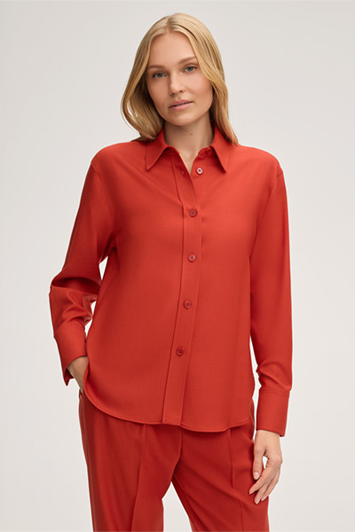 Virgin Wool Stretch Twill Shirt-style Blouse in Red