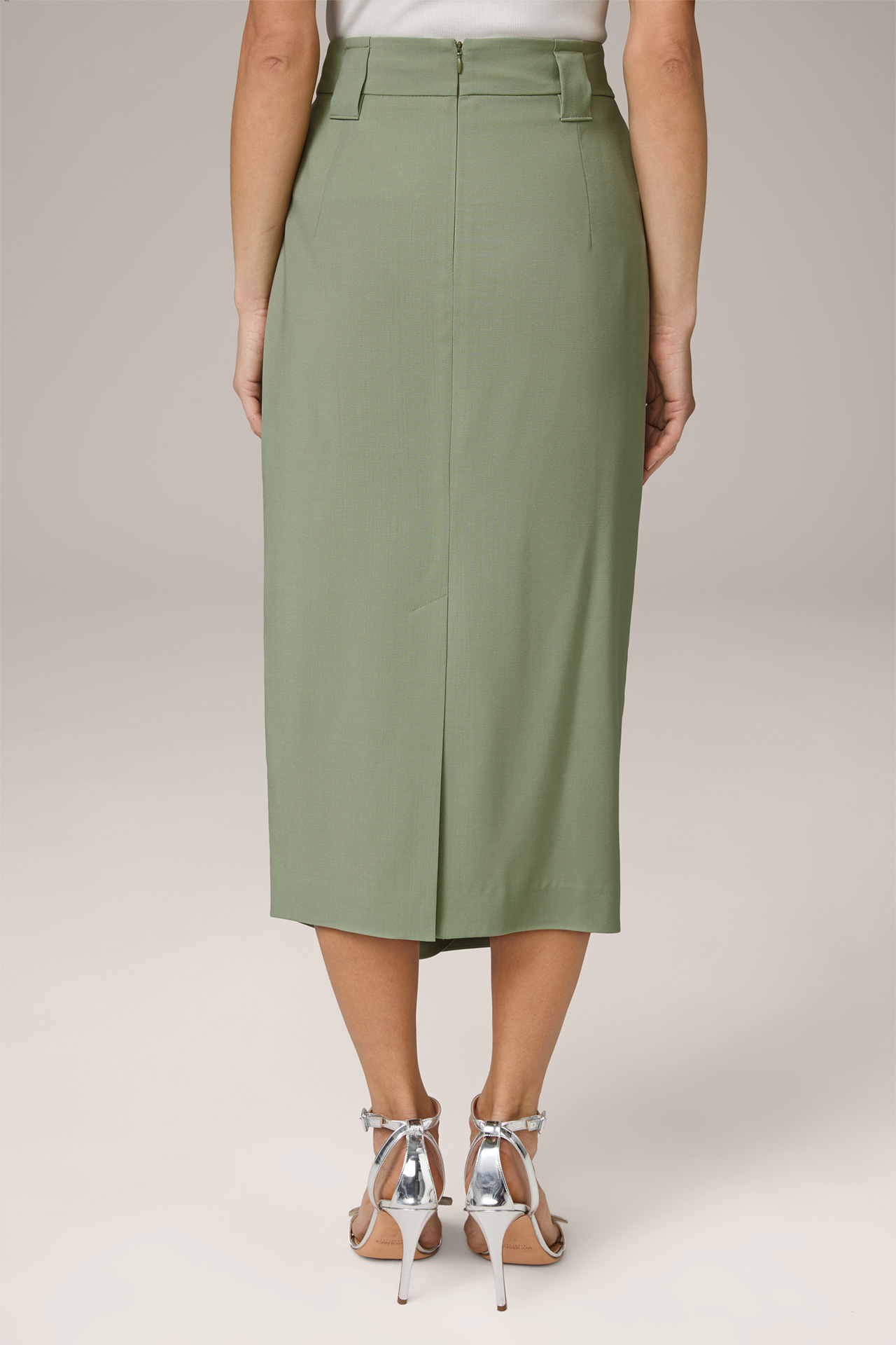 Virgin Wool Midi Length Skirt with Wrapover in Sage