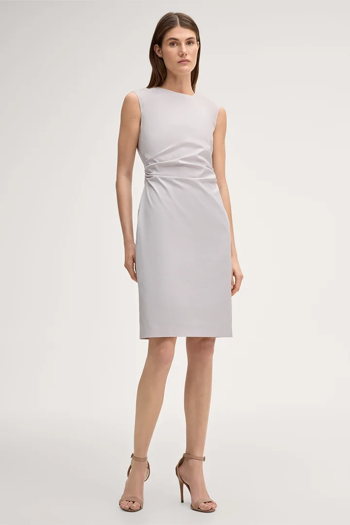 Leads to product detail page "Midi-length stretch cotton shift dress in beige"
