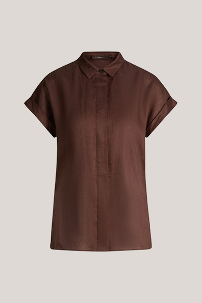 Leinen-Kurzarm-Hemdbluse mit Umlegekragen in Dunkelbraun