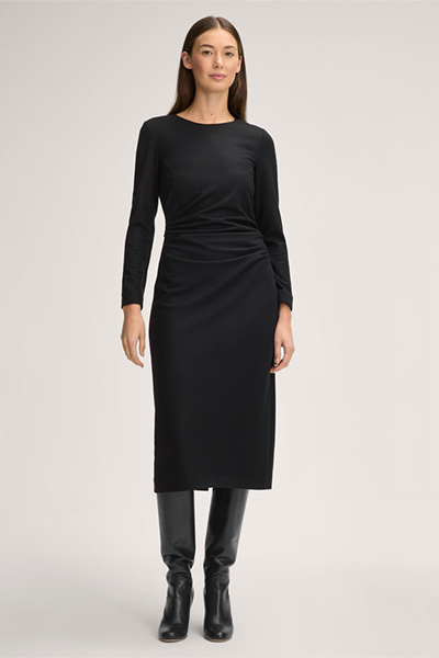 Wolljersey-Langarm-Drapé-Kleid in Schwarz