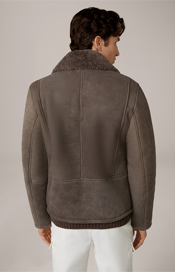 Blouson en cuir et fourrure d’agneau Mezzano, couleur taupe