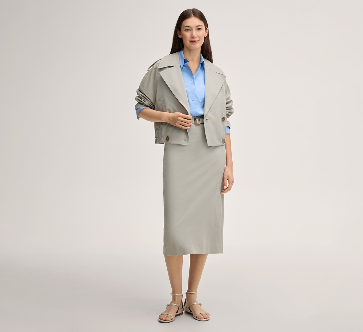 windsor. presents the product Double cotton stretch trench blazer jacket in greige from the category Blazers & Waistcoats