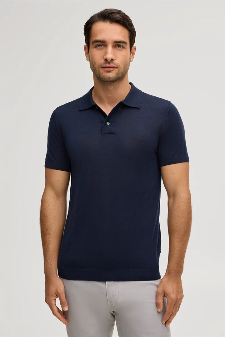 Leads to product detail page "Virgin Wool Knitted Polo Shirt with Silk and Cashmere in Navy"