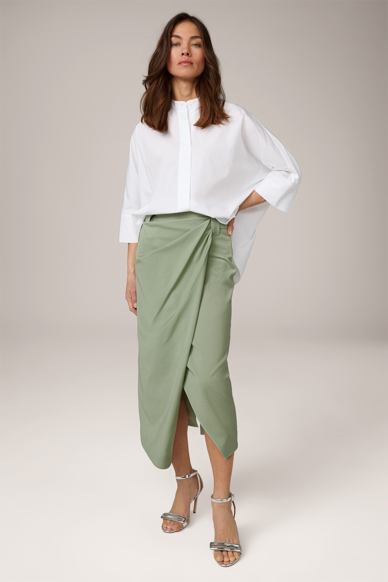 Virgin Wool Midi Length Skirt with Wrapover in Sage