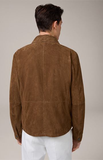 Veste chemise en cuir de chèvre velours Cossato avec empiècement, couleur Tabacco