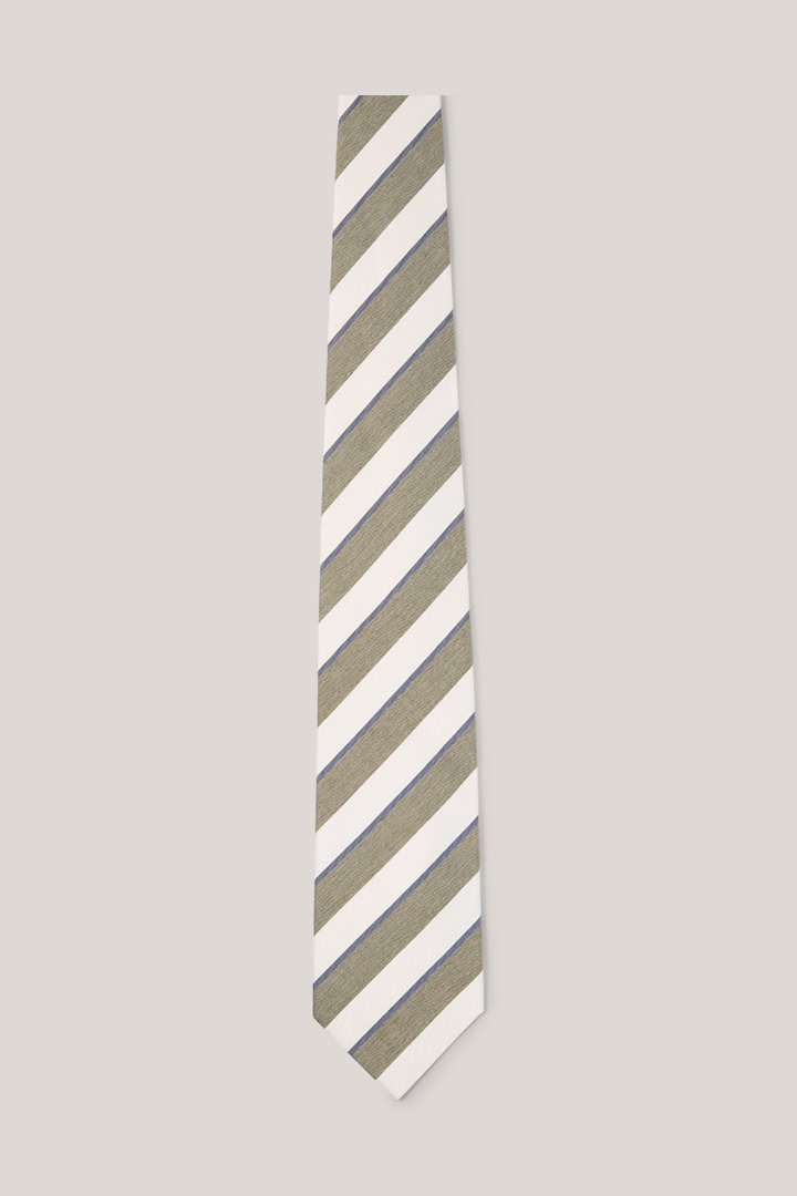 Führt zu Produktdetailseite „Baumwoll-Krawatte mit Seide in Oliv-Ecru gestreift"