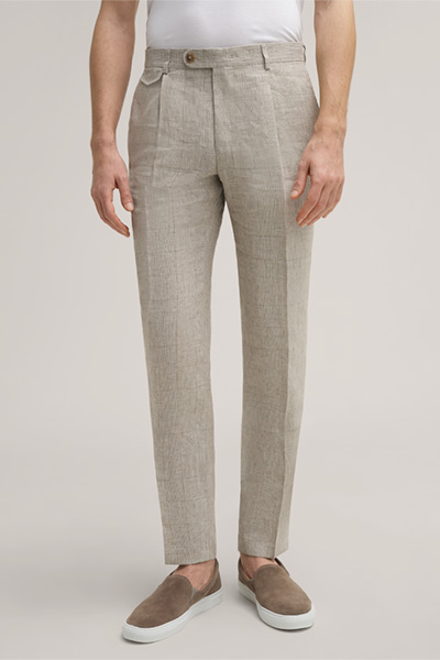 Silvi Modular Pleat-front Linen Trousers in a Beige Check