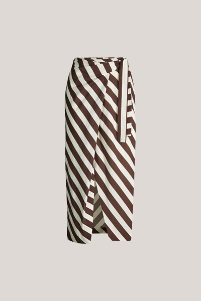 Midi-length viscose-linen blend wrap skirt in ecru and dark brown stripes