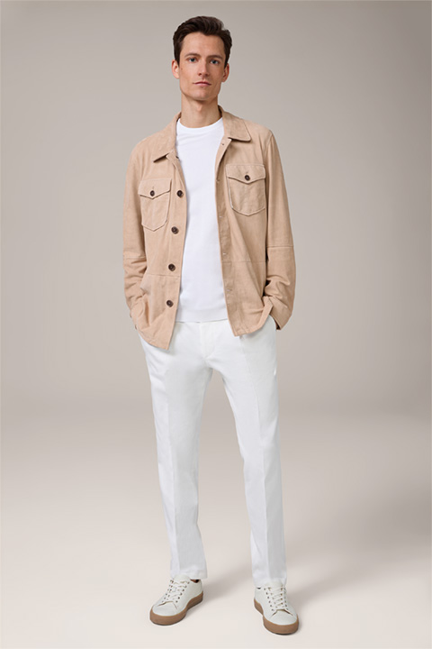 Goatskin Suede Leather Overshirt with Shirt Collar in Beige
