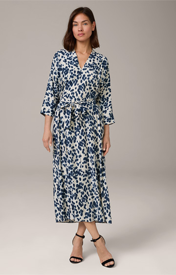 Print-Maxi-Kleid aus Viskose und Seide in Ecru-Blau gemustert