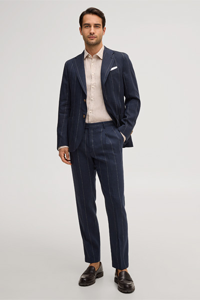 Leinenmix-Baukasten-Hose Silvi mit Schurwolle in Navy mit Nadelstreifen