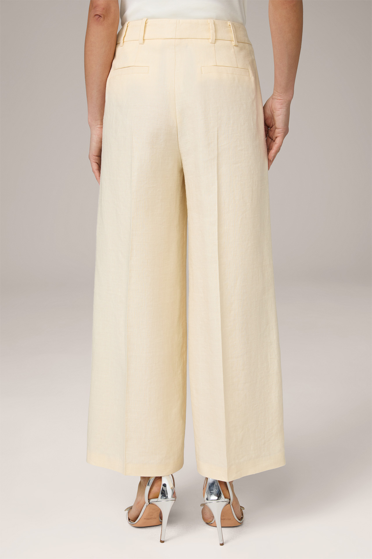 Linen Stretch Palazzo Trousers, cropped, in pale yellow