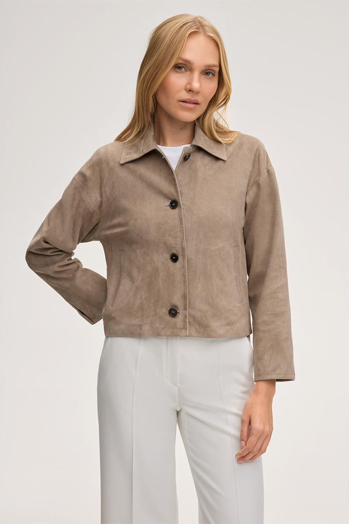 Leads to product detail page "Lambskin Suede Shirt Jacket in Taupe"
