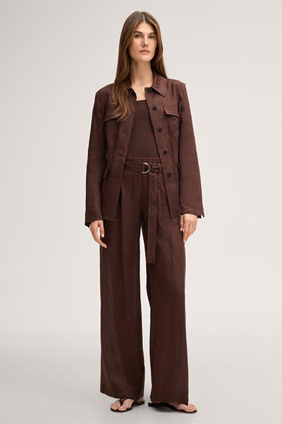 Linen field jacket with belt in dark brown