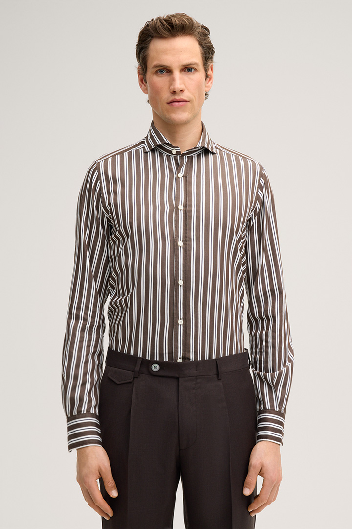 Leads to product detail page "Lano cotton shirt in brown and white stripes"