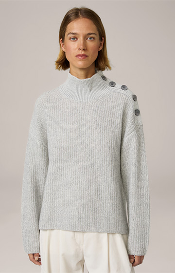 Virgin Wool Pullover with Cashmere and a Stand-up Collar in a Light Grey Pattern