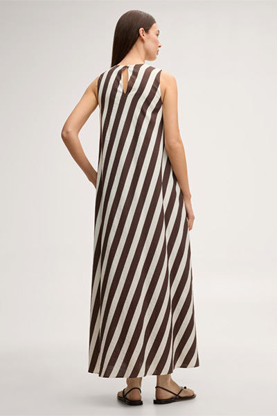 Viscose-linen blend maxi dress in ecru and dark brown stripes