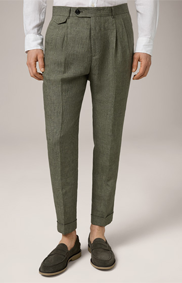 Sapo Linen Modular Trousers with Pleats in Green Patterned