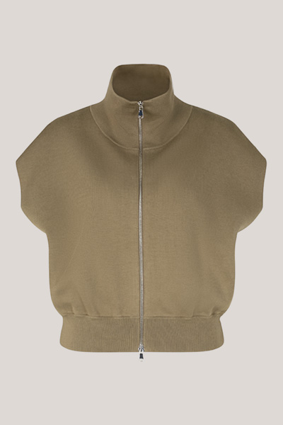 Baumwollmix-Zipp-Kurzarm-Cardigan in Oliv