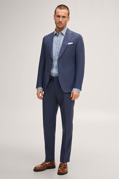 Führt zu Produktdetailseite „Schurwollmix-Baukasten-Hose Silvi mit Leinen und Bundfalte in Blau"