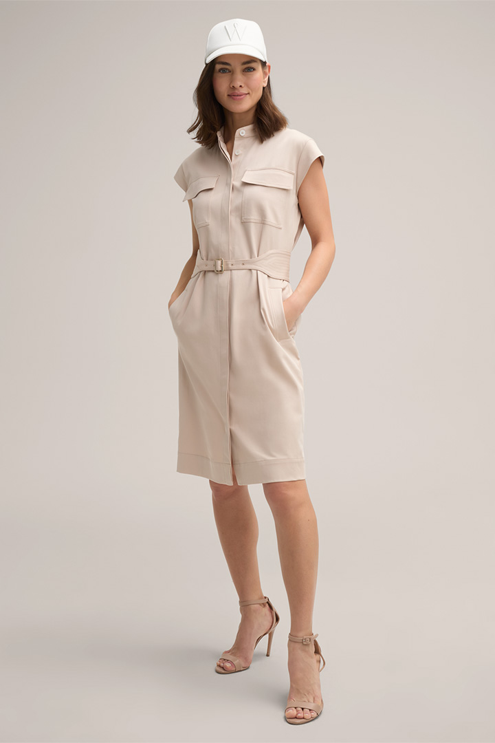 Double Cotton Stretch Shirt Dress in Light Beige