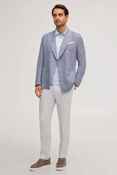 Salio Double-breasted Jacket in a Cotton Blend with Linen in Blue Herringbone