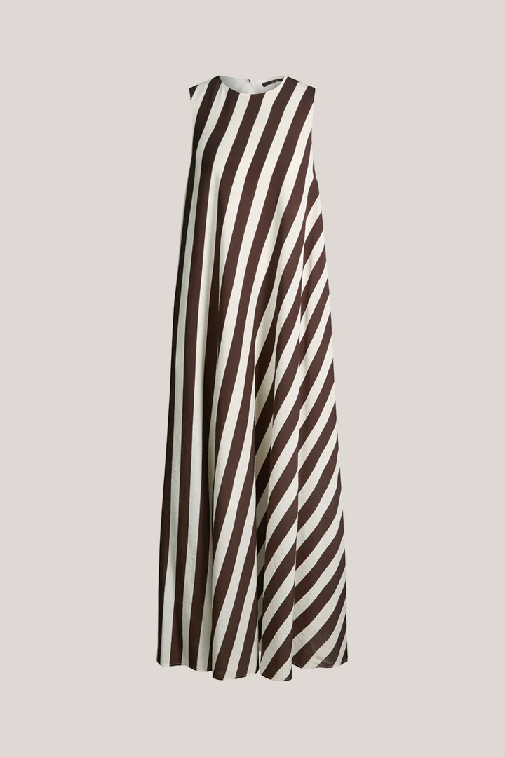 Mène à la page produit « Robe longue en mélange viscose-lin, rayée écru et marron foncé »