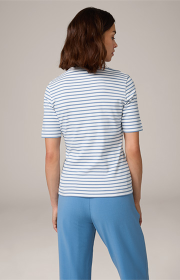 Baumwoll-Interlock-Halbarm-Shirt in Weiß-Blau gestreift