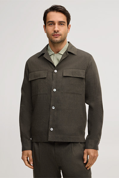 Linen blend modular overshirt Lavoro with wool in dark green