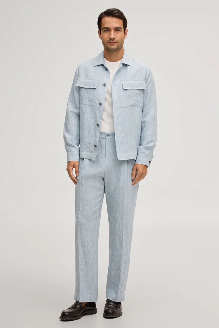 Leads to product detail page "Franco linen modular trousers with pleat on the waistband in washed blue"