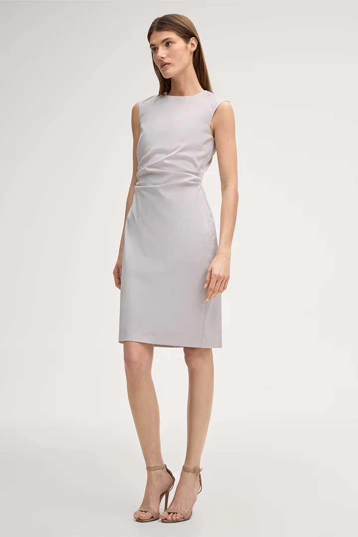Leads to product detail page "Midi-length stretch cotton shift dress in beige"