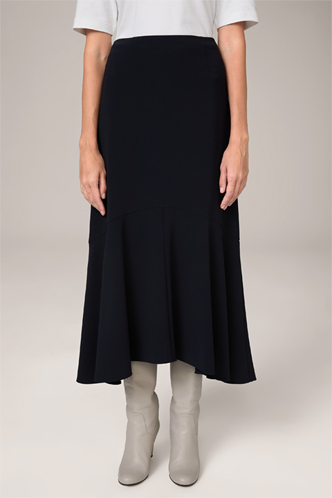 Midi-length Crêpe Skirt with Flounce in Navy