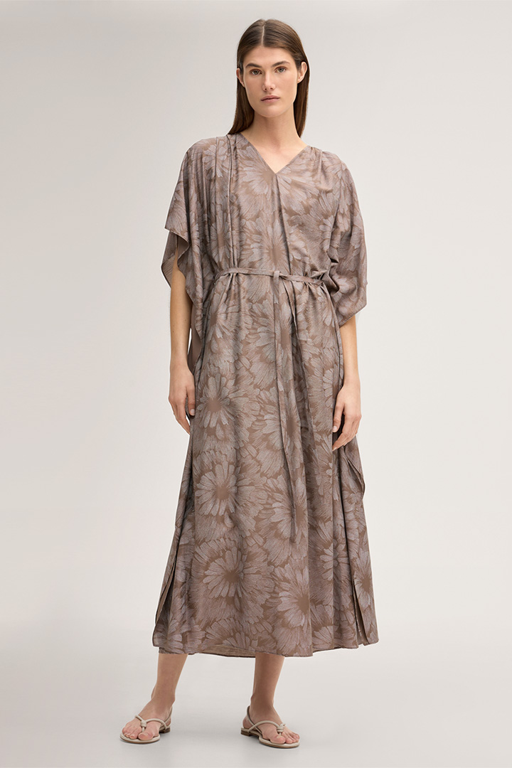 Leads to product detail page "Viscose silk blend print kaftan dress with belt in brown"