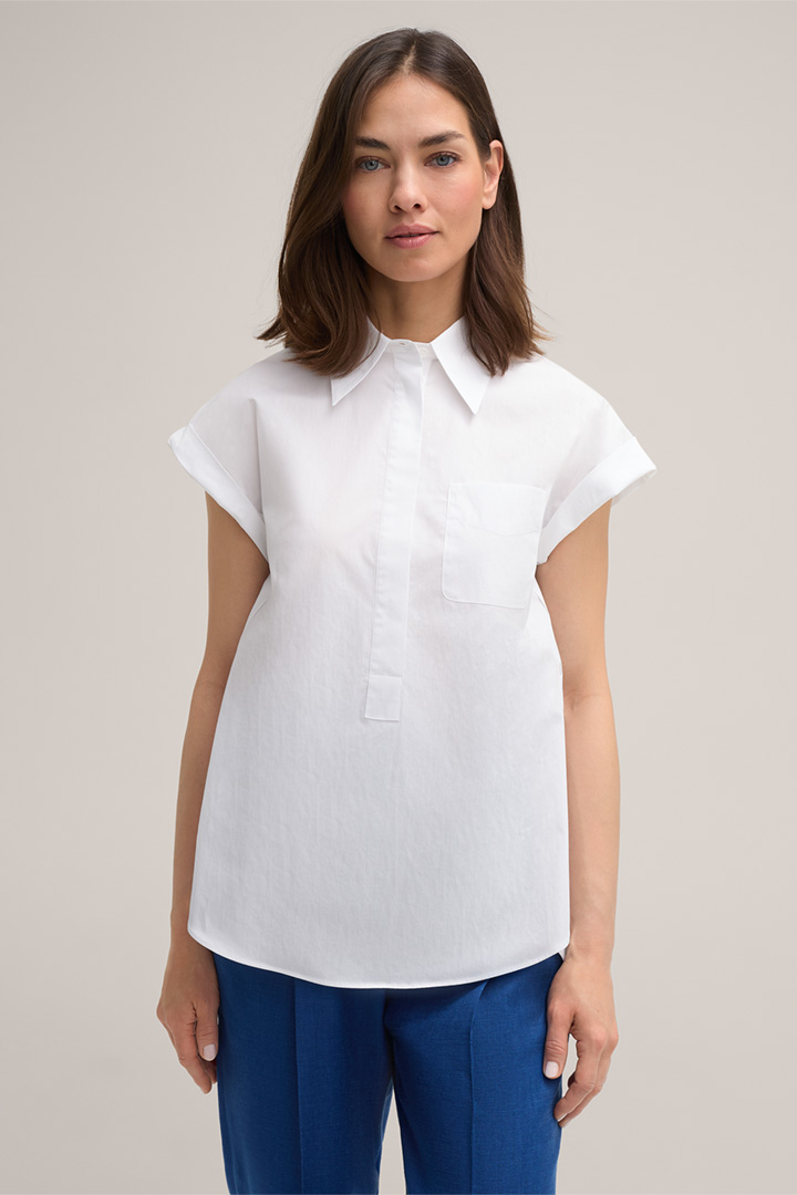 Poplin Cotton Short-sleeved Shirt-style Blouse in White