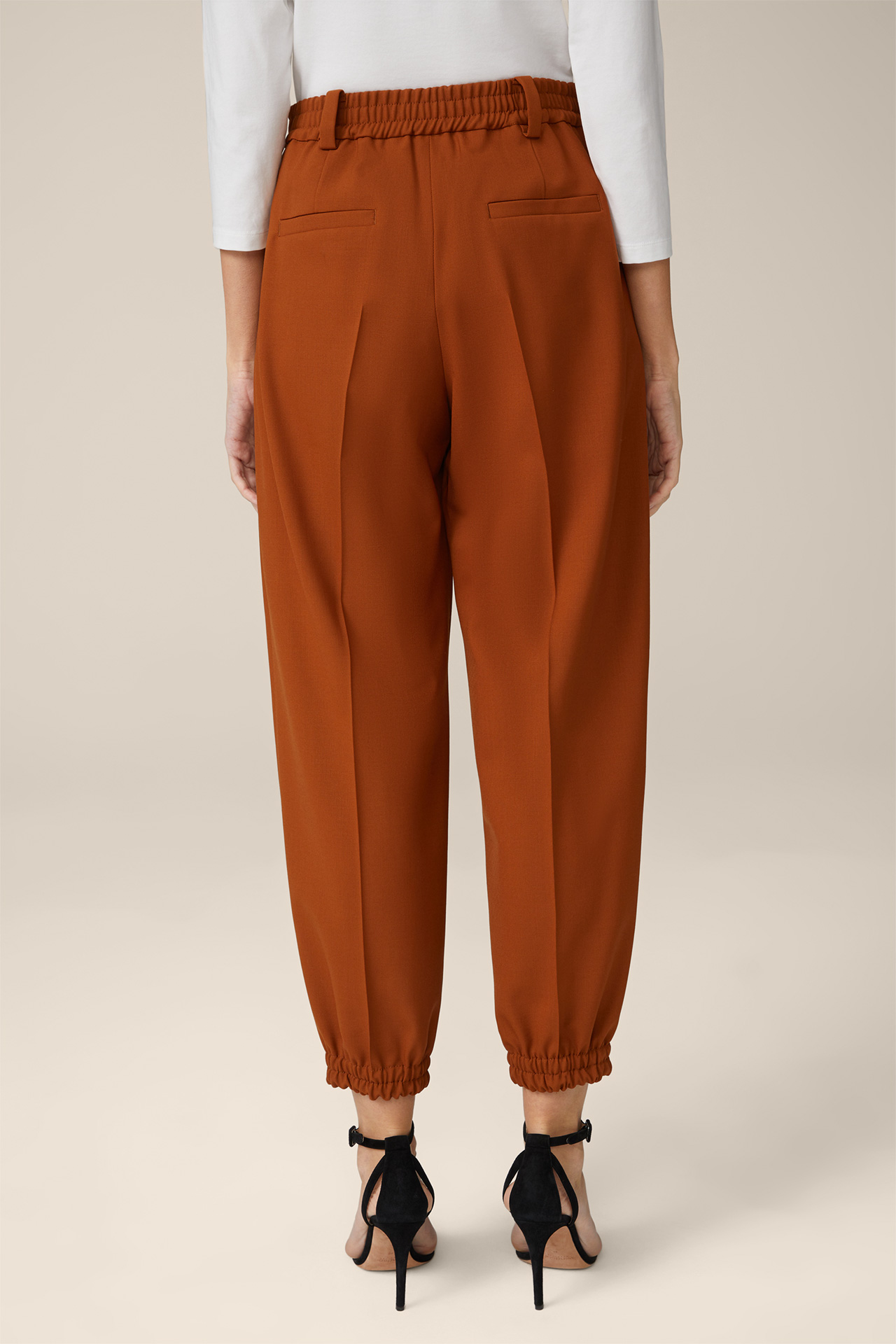 Wool Stretch Copper Jogger-Style Trousers in Copper