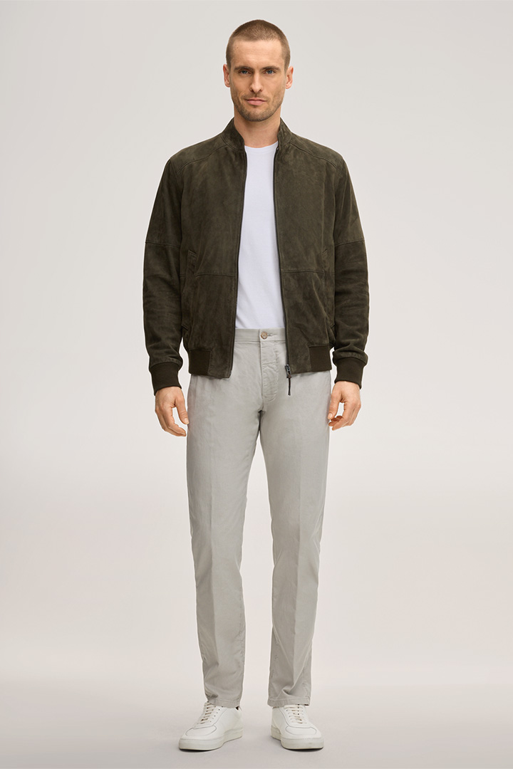 Leads to product detail page "Borello Goatskin Suede Leather Blouson in Olive"