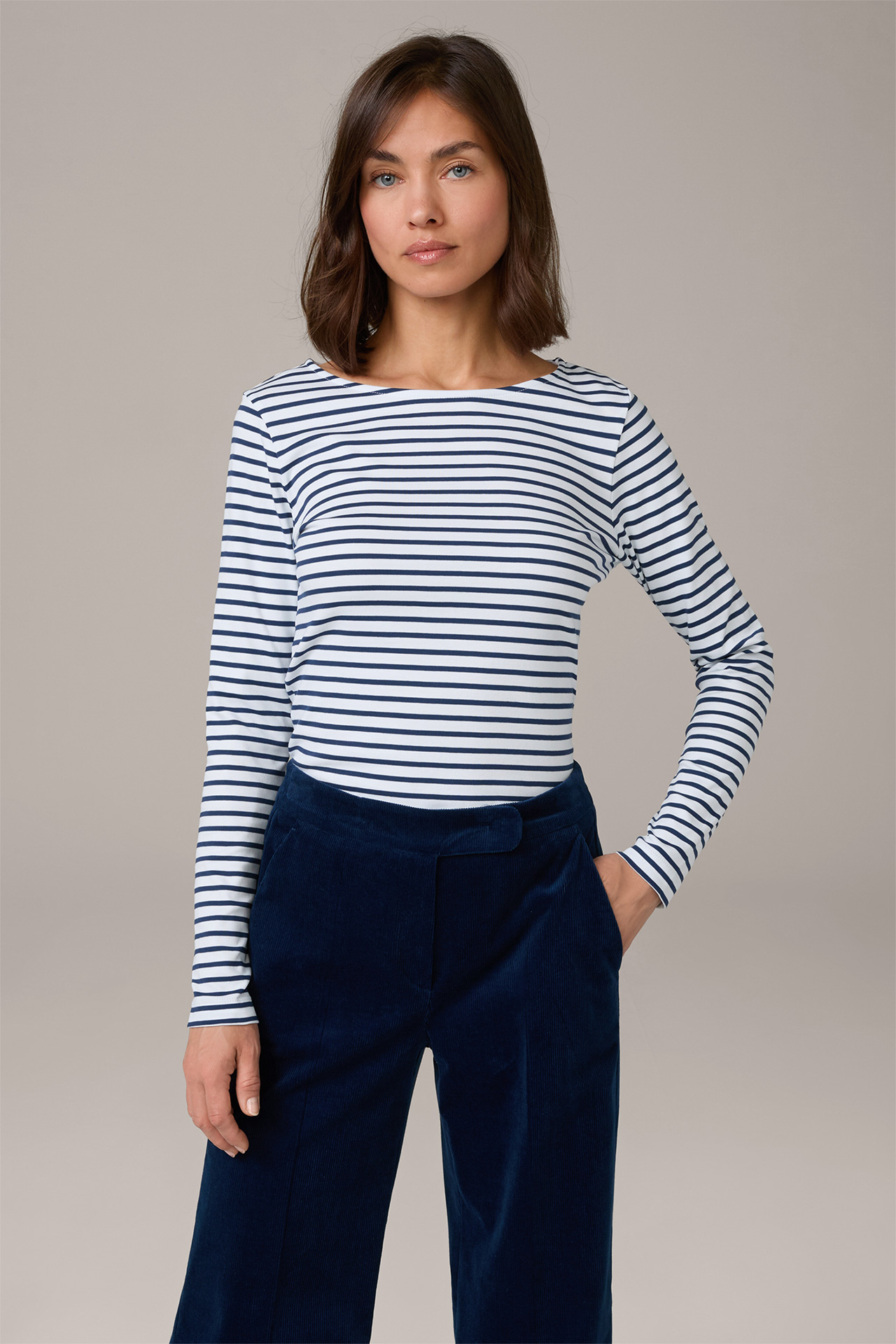 Cotton Interlock Long-sleeved Shirt in Ecru/Dark Blue Stripes