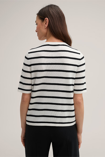 Cashmere T-shirt in Black and Ecru Stripes