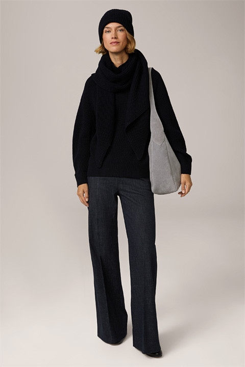 Merino Knitted Pullover with Stand-up Collar in Navy