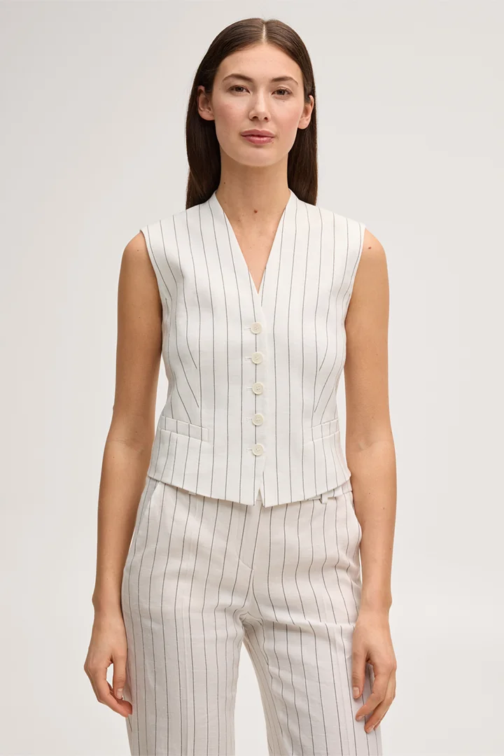 Führt zu Produktdetailseite „Nadelstreifen-Leinenmix-Weste tailliert in Ecru"