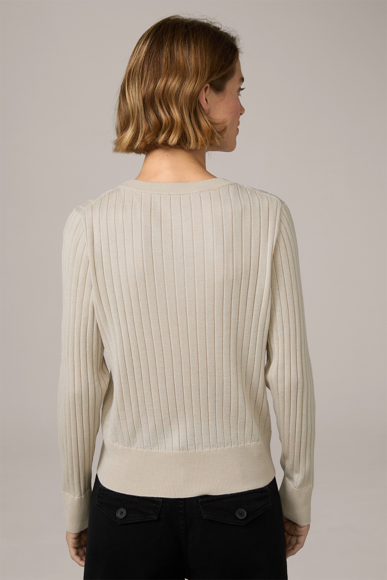 Virgin Wool and Silk Blend Ribbed Knit Pullover in Beige